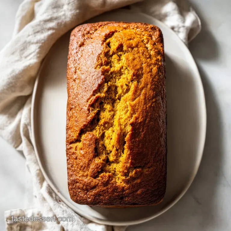 A perfectly baked slice of pumpkin bread, dusted with powdered sugar, on a rustic ceramic plate.