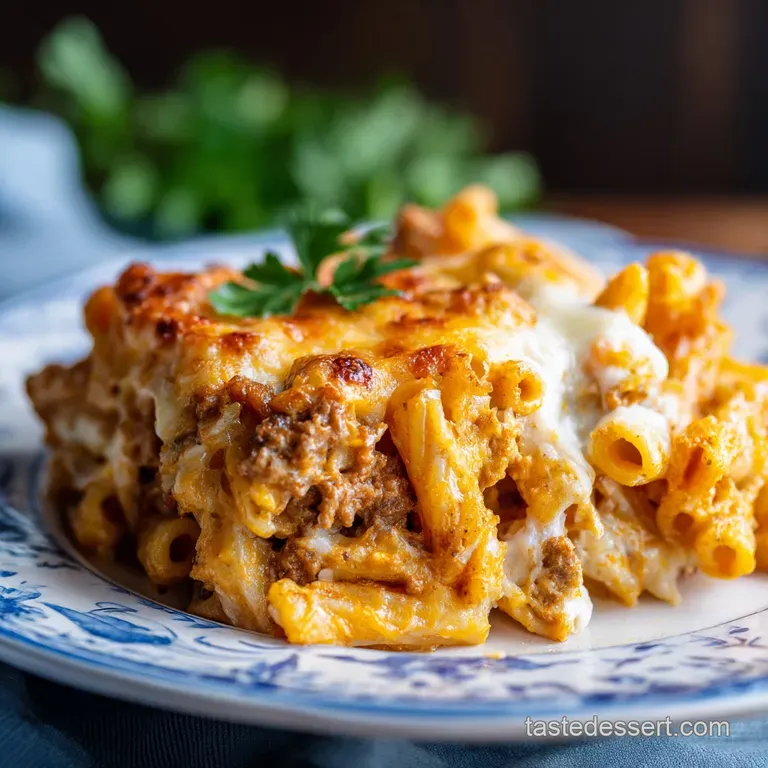 A comforting scoop of cheesy baked ziti topped with fresh basil on a white plate.