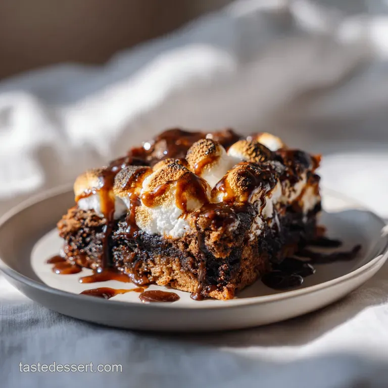 A single rich brownie square, topped with perfectly toasted marshmallow and drizzled chocolate sauce.