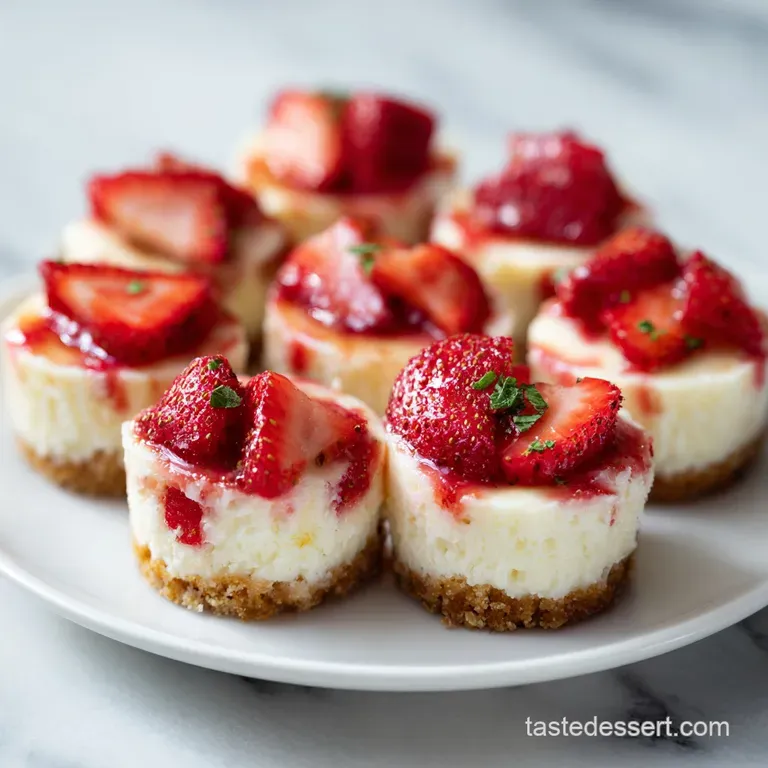 Creamy mini cheesecakes with glistening strawberry halves artfully arranged on a white plate.