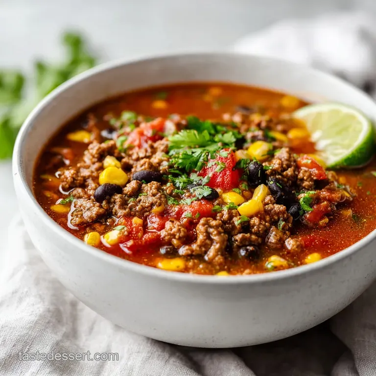 Elegant bowl of taco soup topped with a dollop of sour cream, shredded cheese, and fresh cilantro sprigs; vibrant and warm.