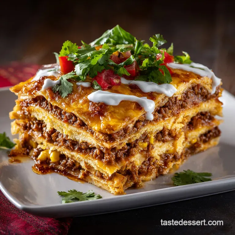 Taco Lasagna: the Ultimate Cheesy Beef Casserole with Corn Tortillas presentation