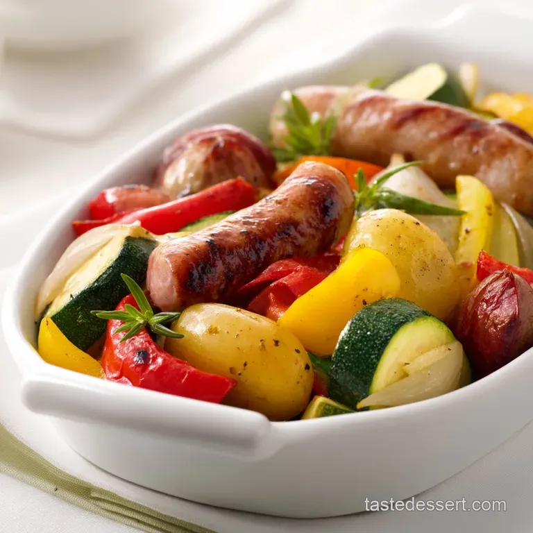 Summer Vegetables with Sausage and Potatoes: One-Tray Bake presentation