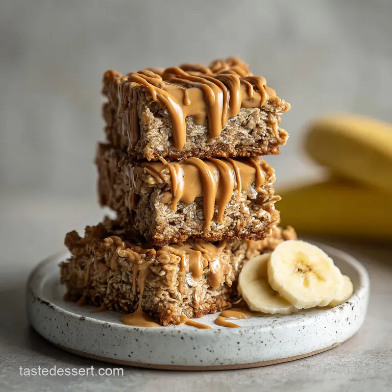 Oatmeal bar on a rustic plate, beside a glass of milk and a banana. Crumbly texture with visible peanut and banana pieces.