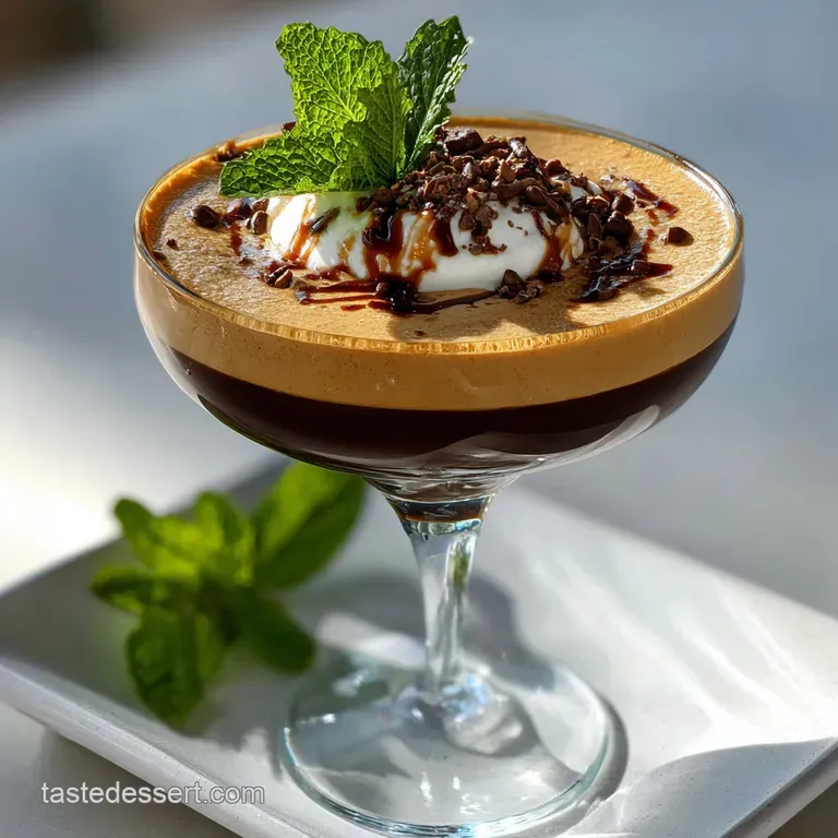 Elegant espresso mousse dessert. Coffee bean garnish, chocolate shavings, and light dusting. Dark, creamy layer visible in...