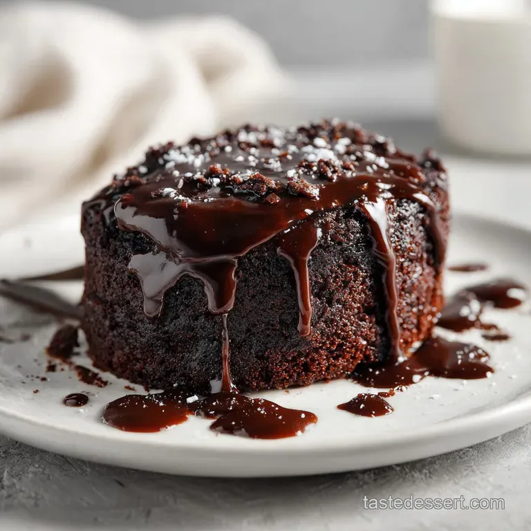 A moist, dark chocolate cake slice with powdered sugar, offset by vibrant, ripe raspberries and a sprig of fresh mint. Lus...