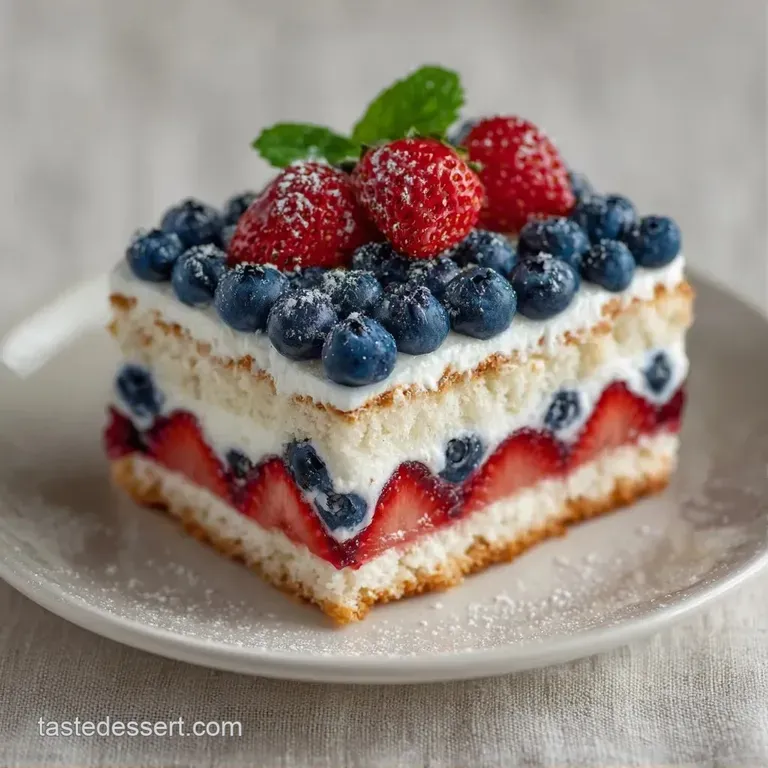 A rectangular sheet cake adorned with a patriotic pattern of vibrant red berries and deep blue blueberries on white.