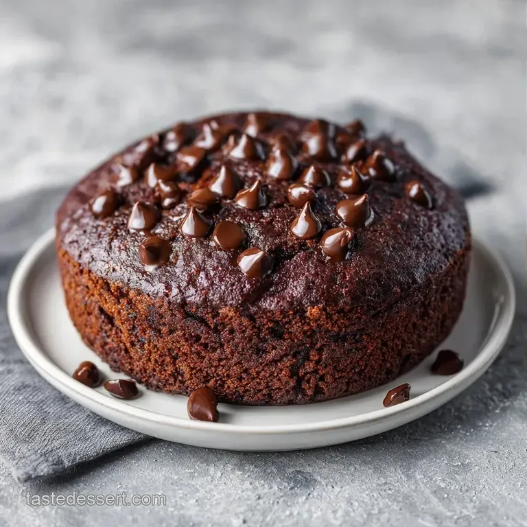 A slice of rich chocolate cake topped with a melting scoop of vanilla ice cream and a dusting of powdered sugar.