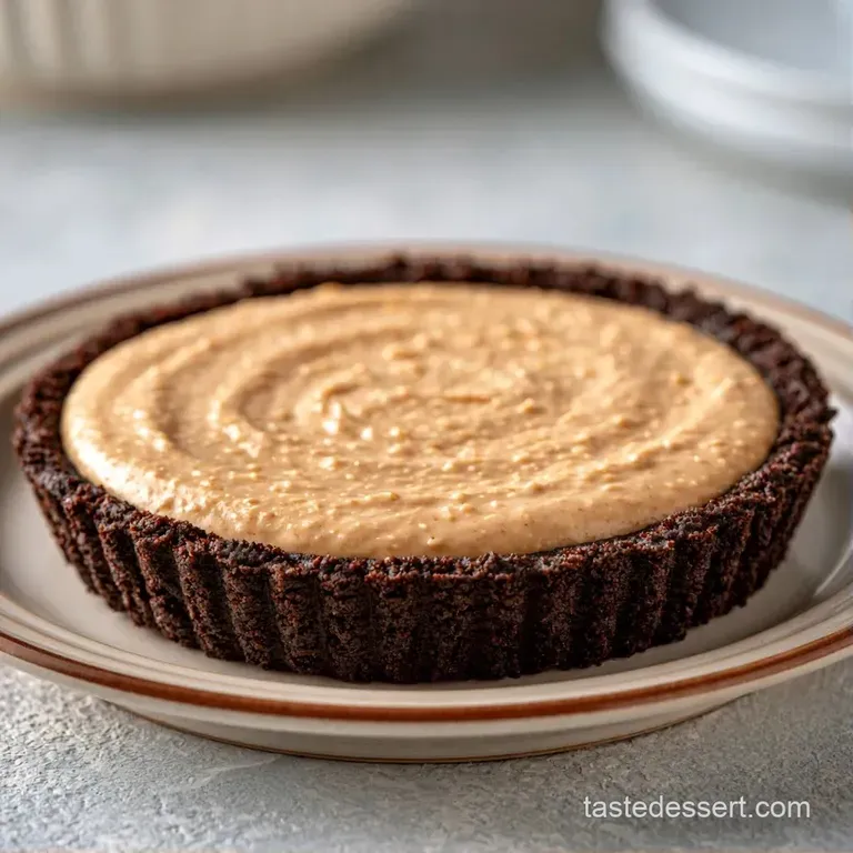 A slice of rich, layered brown filling on a white porcelain plate, accented by a swirl of cream and cocoa powder.