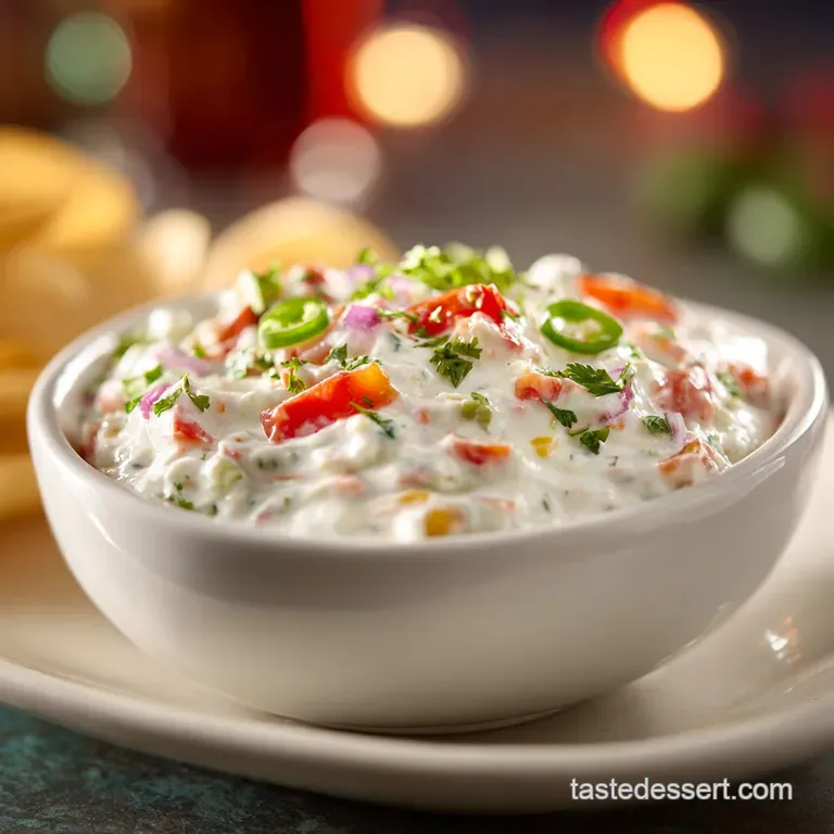 Elegant swirl of creamy fiesta dip topped with fresh cilantro and a sprinkle of paprika, artfully arranged with crisp tort...