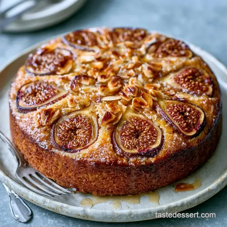 A slice of moist cake paired with a dollop of whipped cream and fresh fig quarters on a minimalist ceramic plate.