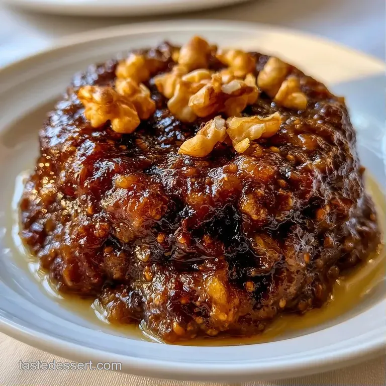 Elegant scoop of deep brown dessert on a white plate, adorned with toasted walnut halves and a hint of saffron.