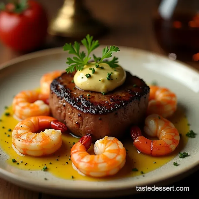 The Golden Duo Panseared Filet Mignon with Buttergarlic Prawns presentation