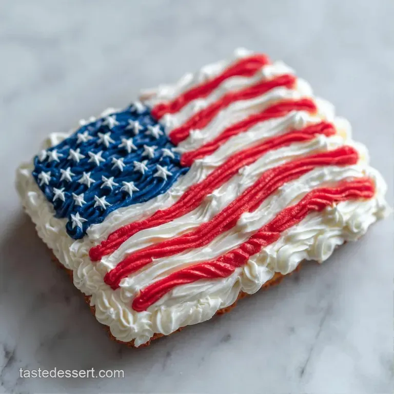 A rectangular cake on a white platter featuring red and white frosting stripes and a blue blueberry star corner.