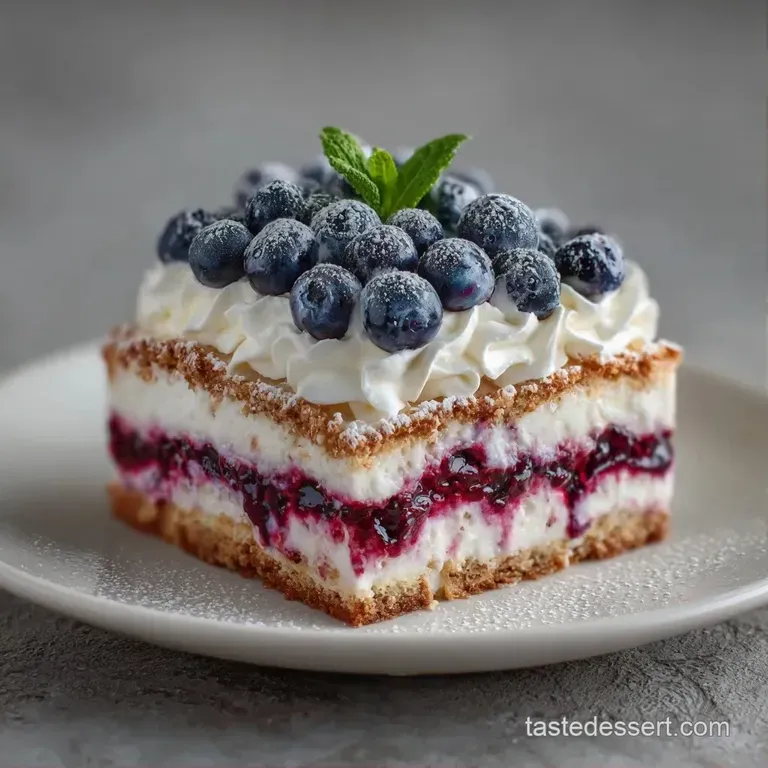 A neat slice of layered red, white, and blue frozen cake on a white plate, paired with a fresh blueberry garnish.