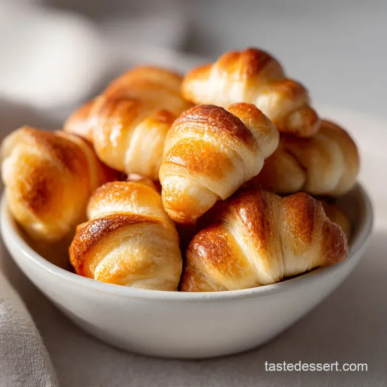 Warm, baked crescent rolls artfully arranged on a rustic wooden board, ready to be enjoyed.