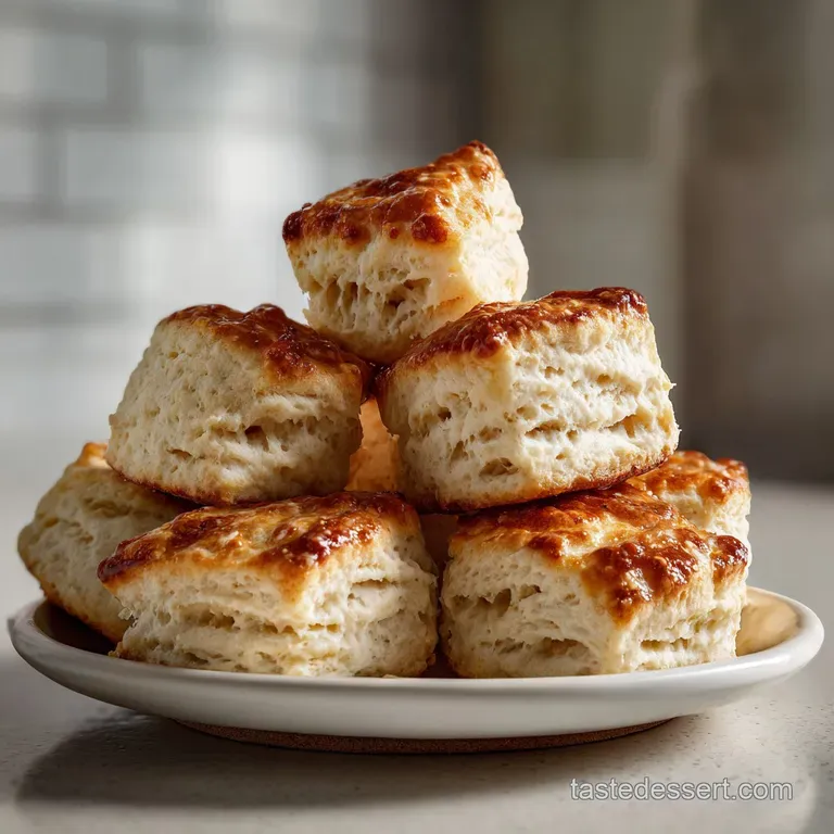 Stack of flaky biscuits on a linen-draped table. Soft shadows and natural light highlight their golden crusts and airy tex...