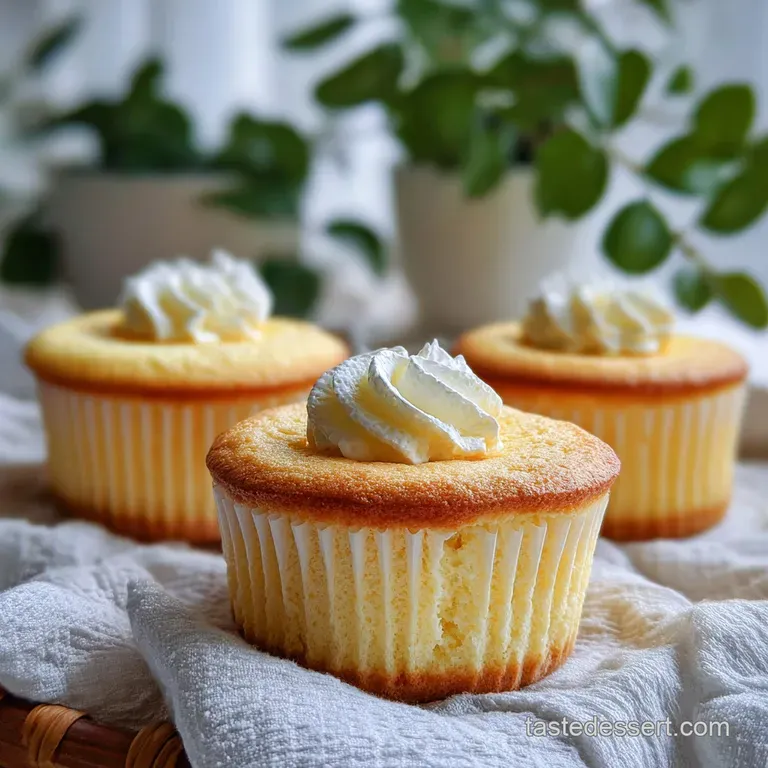 Elegant cupcake on a white plate, dusted with powdered sugar. Soft, spongy texture hints at light, airy taste.