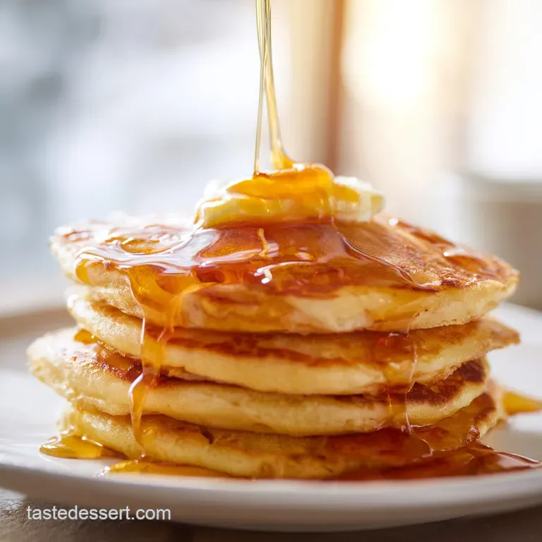 A tall stack of golden pancakes on a white ceramic plate, topped with fresh blueberries and a drizzle of amber syrup.