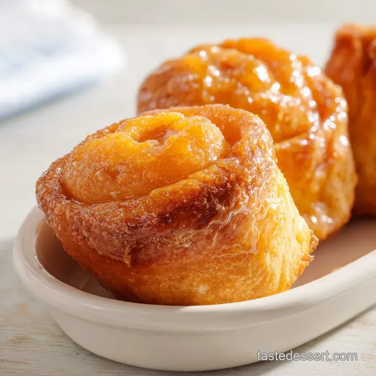 Three soft, golden-brown rolls stacked neatly on a white ceramic plate with a drizzle of glossy orange syrup.