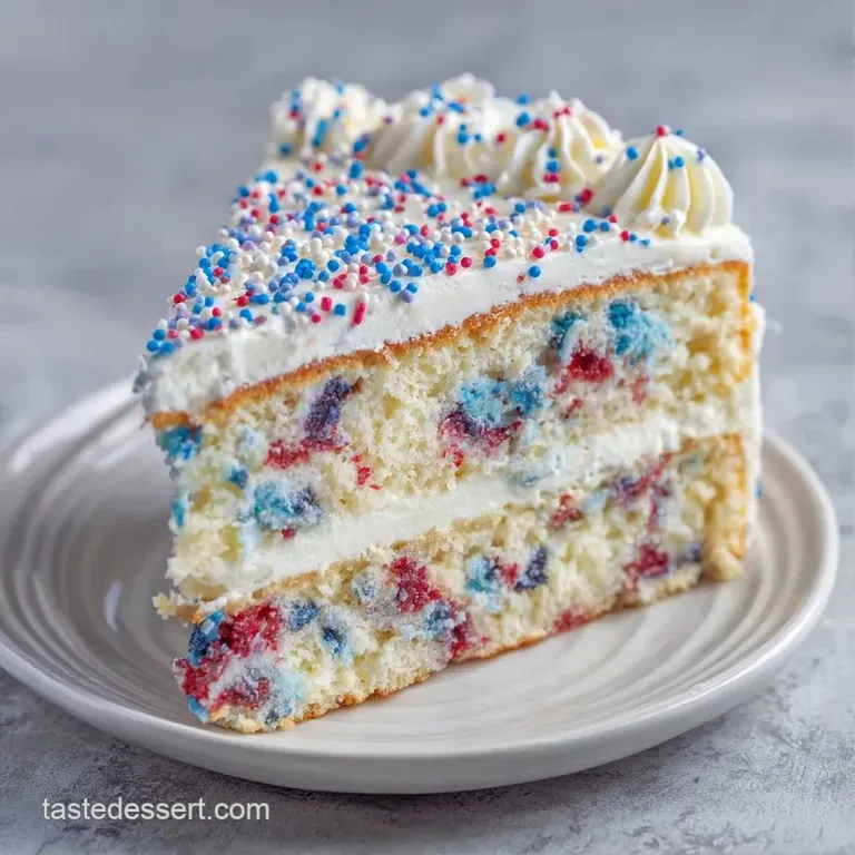 A slice of airy white sponge cake on a white ceramic plate, topped with fresh red berries and blue icing swirls.