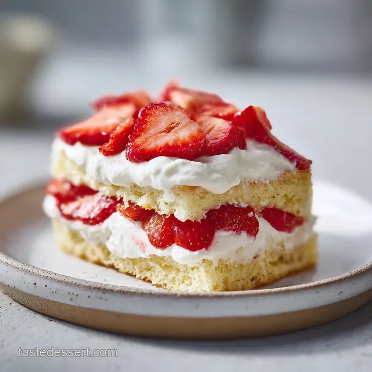 A slice of light sponge cake topped with glazed strawberries and a dollop of cream on a minimalist plate.