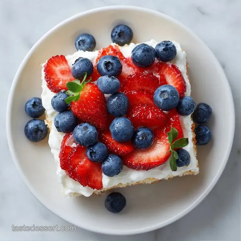 A slice of fluffy white cake layered with red and blue berries on a white plate with a drizzle of sweet glaze