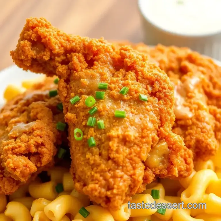 Fried Chicken on Mac & Cheese presentation