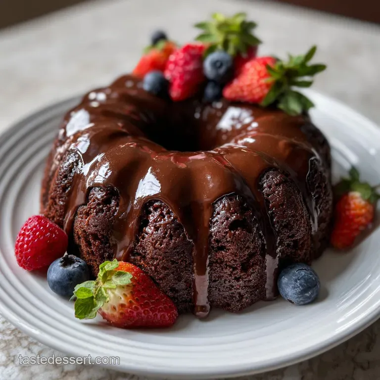 Dark chocolate bundt cake, elegantly plated. Rich, glossy exterior with a tender, velvety crumb, dusted with powdered sugar.