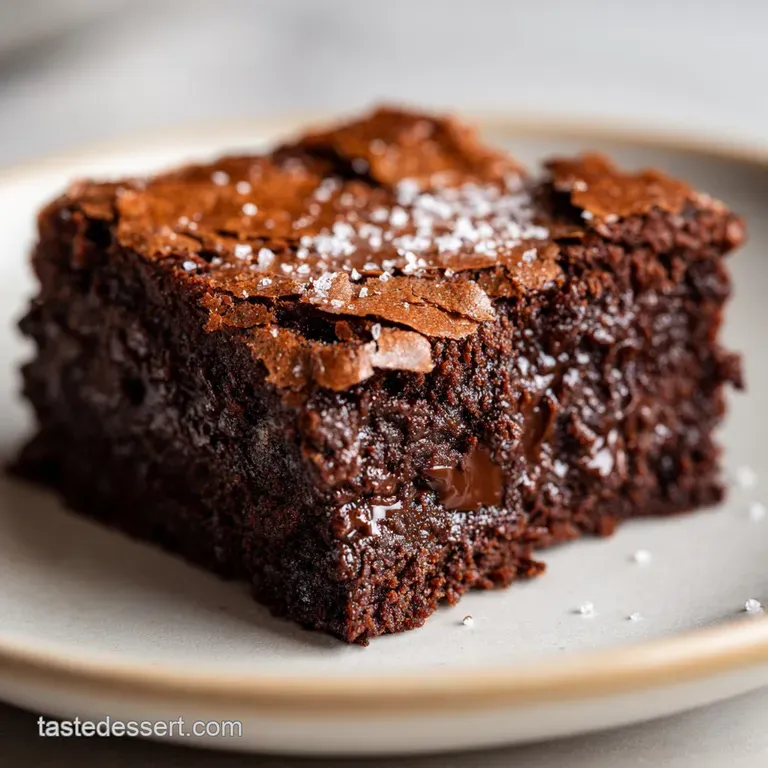A glistening brownie square topped with flaky sea salt sits on a white plate, highlighting its deep, dark color and decade...