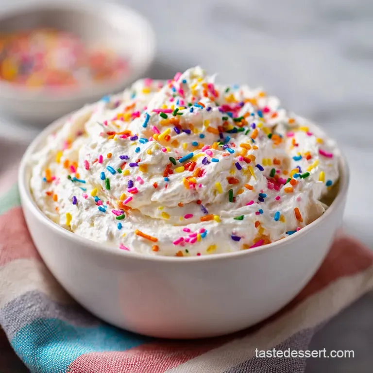 A scoop of fluffy, white dip adorned with colorful sprinkles on a white plate with a pastry.