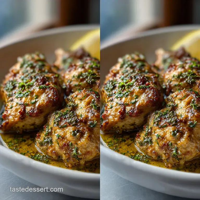 Close-up of glazed garlic butter chicken on mashed potatoes, vibrant green herbs offer a pop of color and freshness.