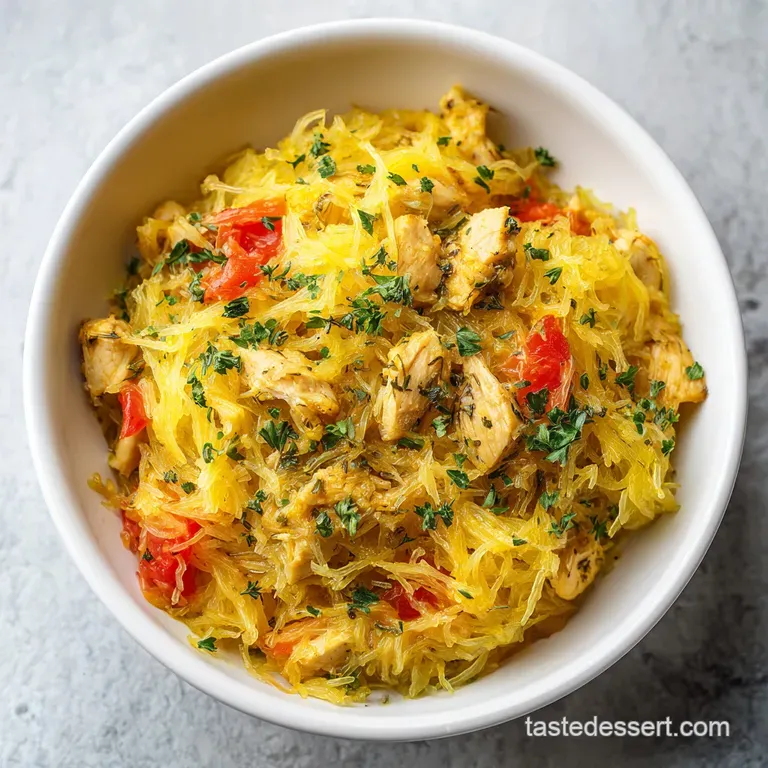 A rustic bowl overflowing with golden squash noodles and savory chicken, artfully arranged with a sprinkle of herbs.