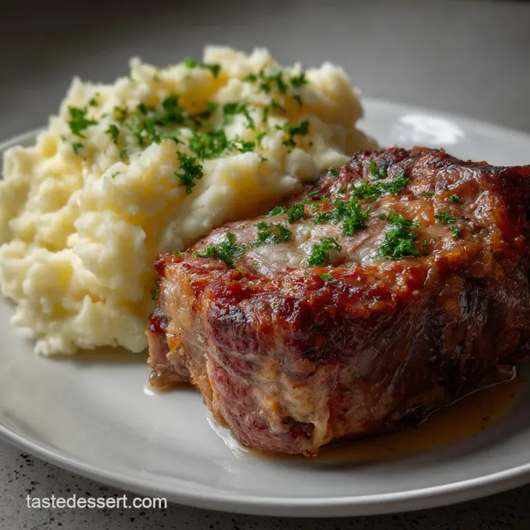 Elegant plate with perfectly seared prime rib, creamy mashed potatoes, a sprig of rosemary, and a drizzle of jus.