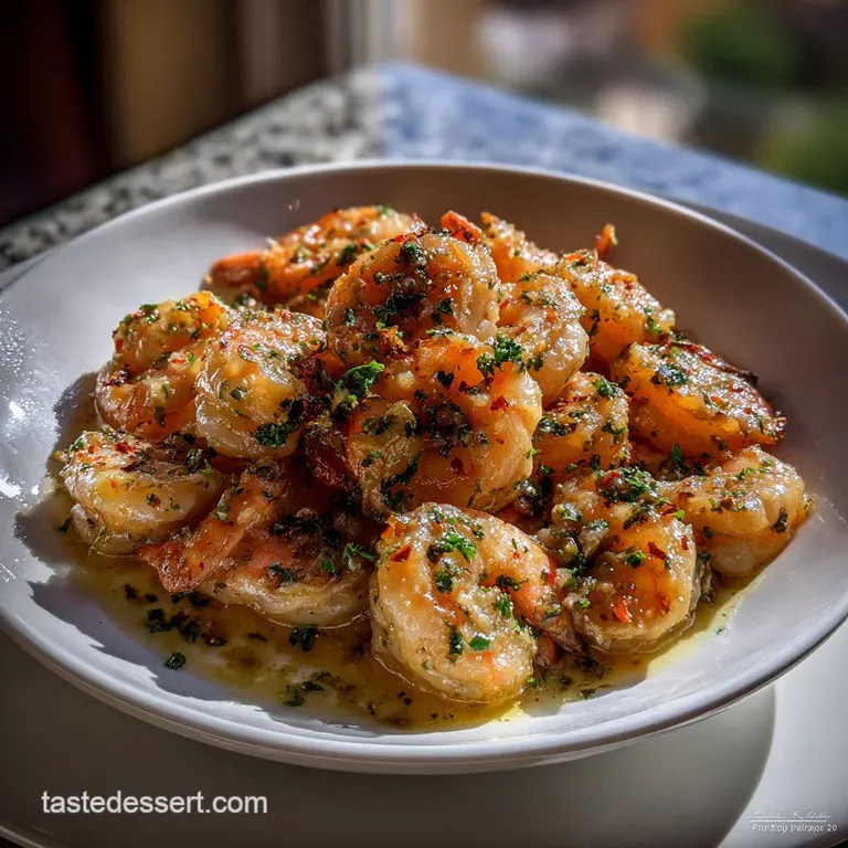 Elegant white plate showcasing succulent shrimp in a garlic sauce, garnished with parsley, reflecting the warm, savory tex...