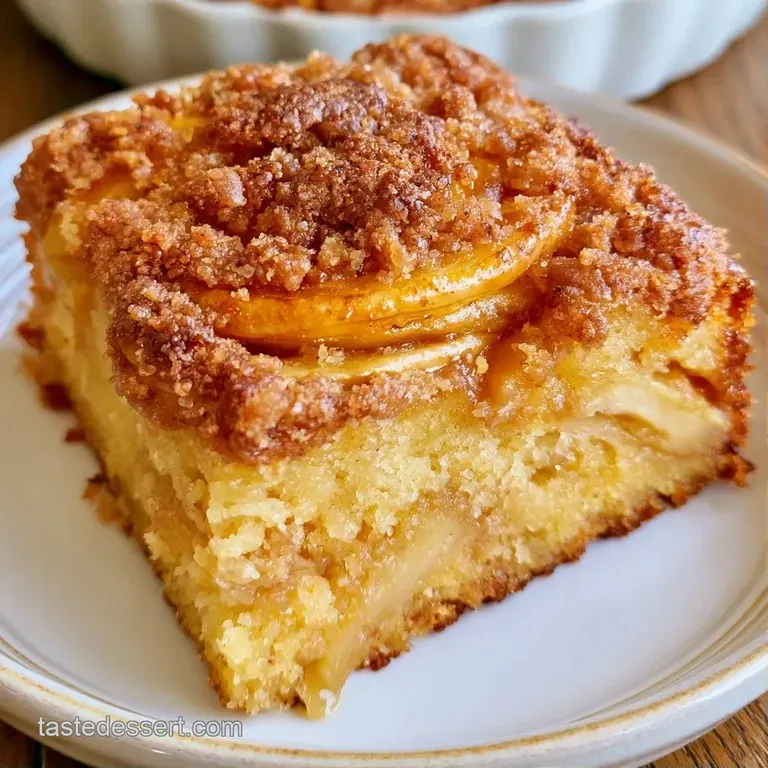 Moist slice of apple cake with crumbly topping on a white plate, paired with a dollop of whipped cream.
