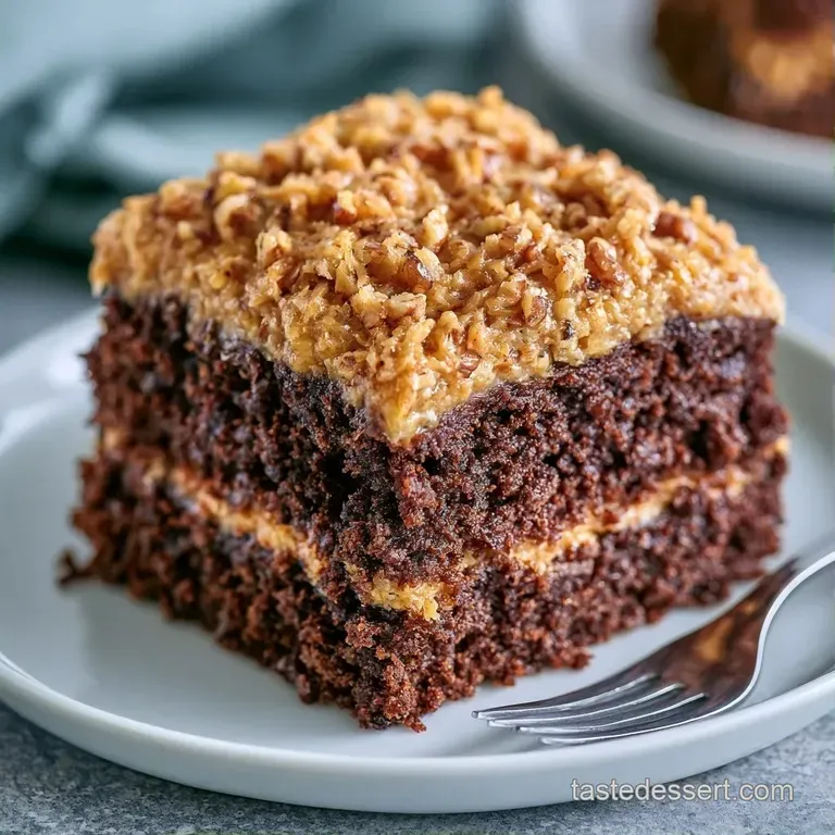 A slice of moist dark chocolate cake on a white porcelain plate with thick layers of golden coconut frosting.