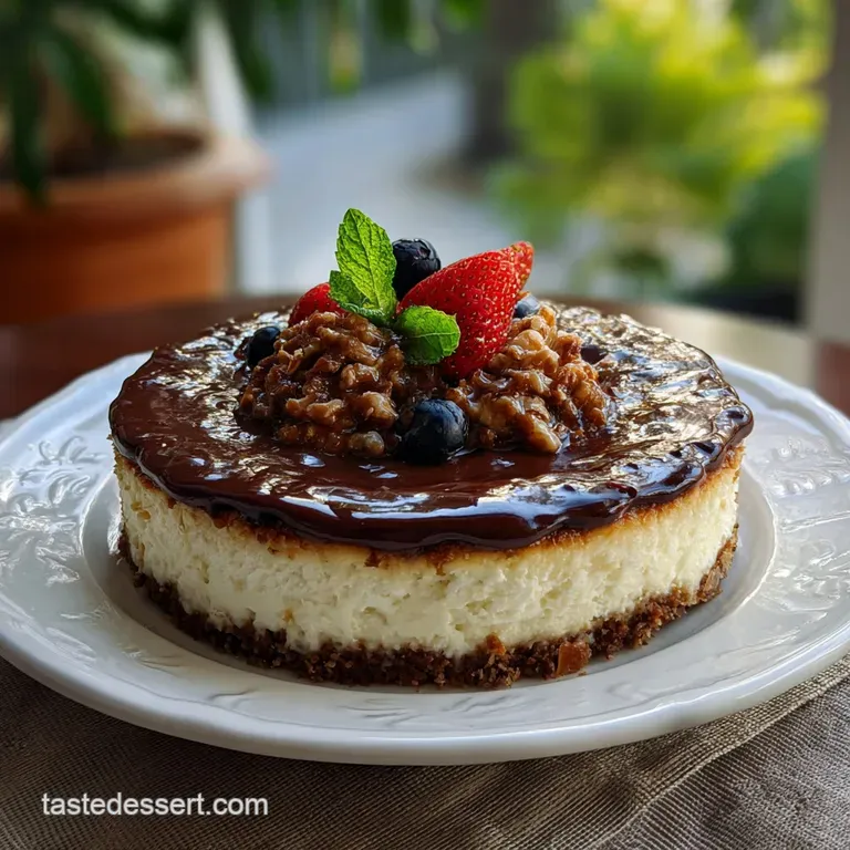 Slice of German chocolate cheesecake on a white plate, chocolate sauce drizzled, topped with coconut and a cocoa dusting.