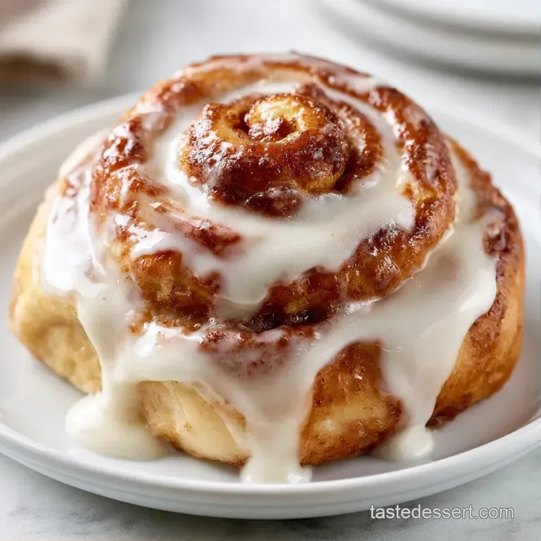 A glazed pastry swirl on a matte plate, drizzled with thick cream and dusted with a hint of cinnamon powder.