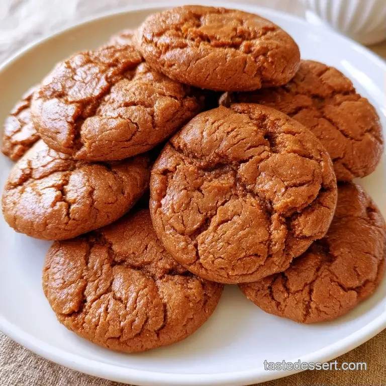 A neat stack of dark spiced cookies on a white ceramic plate beside a cinnamon stick and a splash of milk.