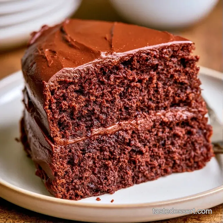 A slice of dark, moist chocolate cake beside a dollop of white cream and a sprig of fresh mint on a slate platter.