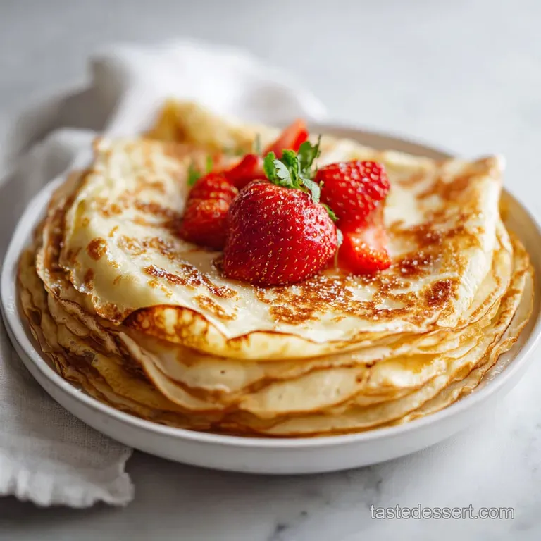 Delicate gluten-free crepe elegantly folded, revealing a creamy filling; fresh berries and a dusting of sugar add a sweet ...