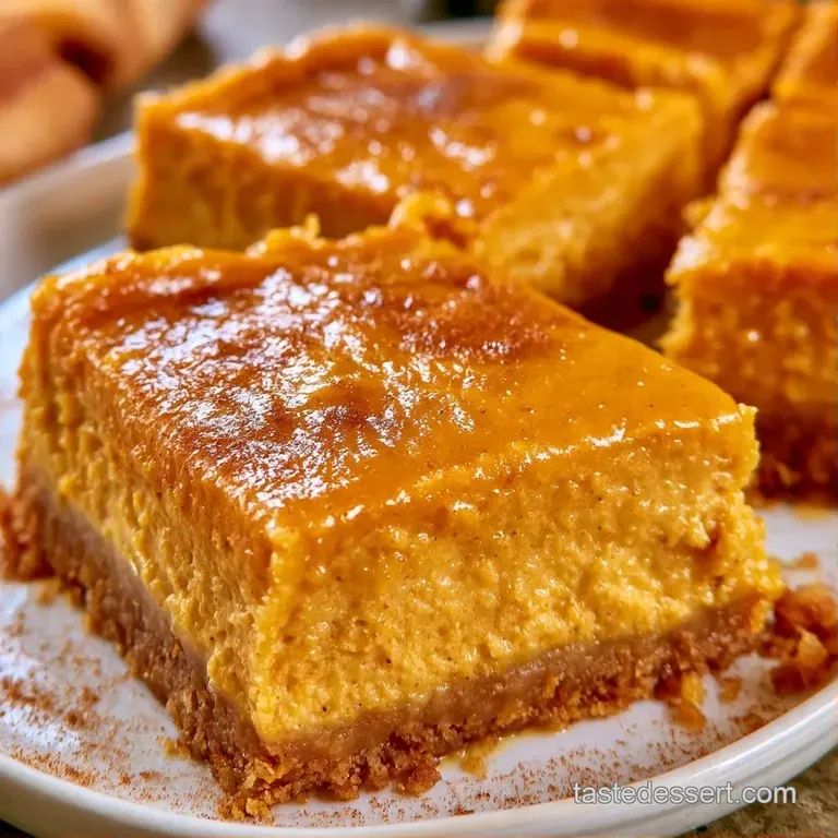 A neat square of orange cream cake topped with a dollop of white cream and a sprinkle of cinnamon on a dark plate.
