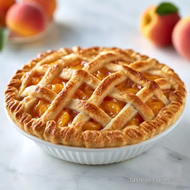 A slice of warm fruit pie on a white ceramic plate with a creamy, melting scoop of vanilla bean ice cream.
