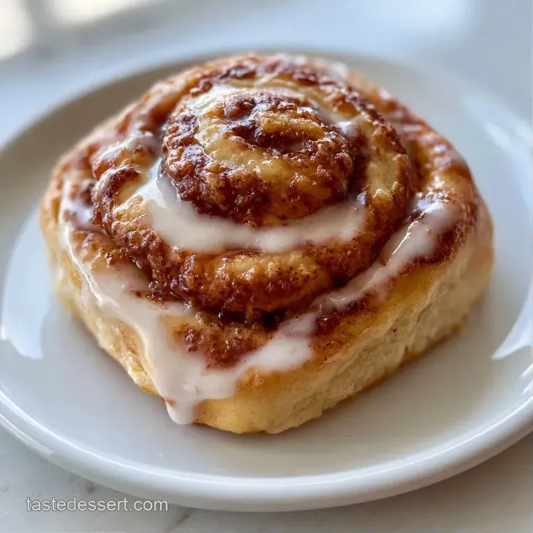 A fluffy, swirled pastry on a ceramic plate with creamy icing drips and a sprinkle of cinnamon powder.