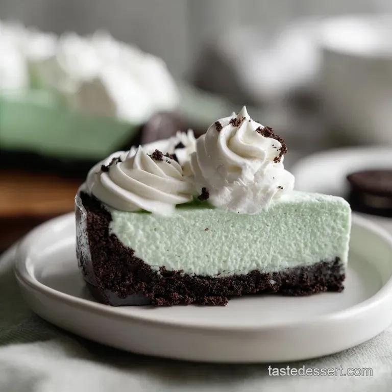 Elegant slice of minty green chilled pie on a white ceramic plate, garnished with a chocolate curl and mint leaf.