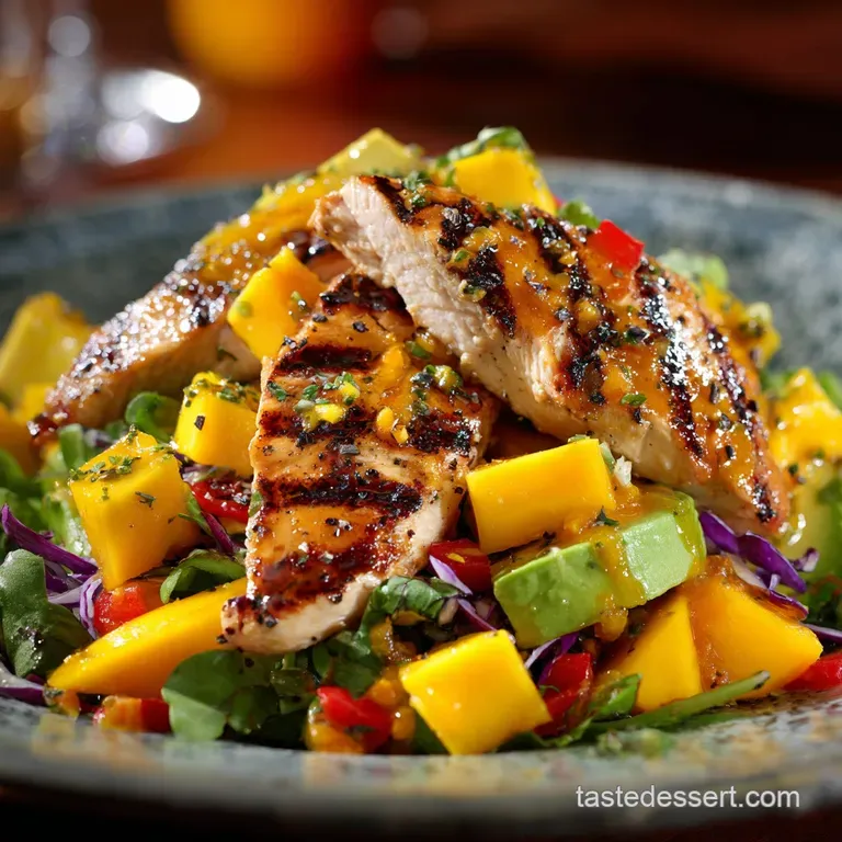Grilled Chicken Avocado and Mango Salad with Zesty Lime-Ginger Dressing presentation
