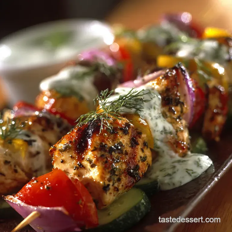 Lemonkissed Grilled Chicken Kabobs with Cooling Tzatzikistyle Yogurt Sauce presentation
