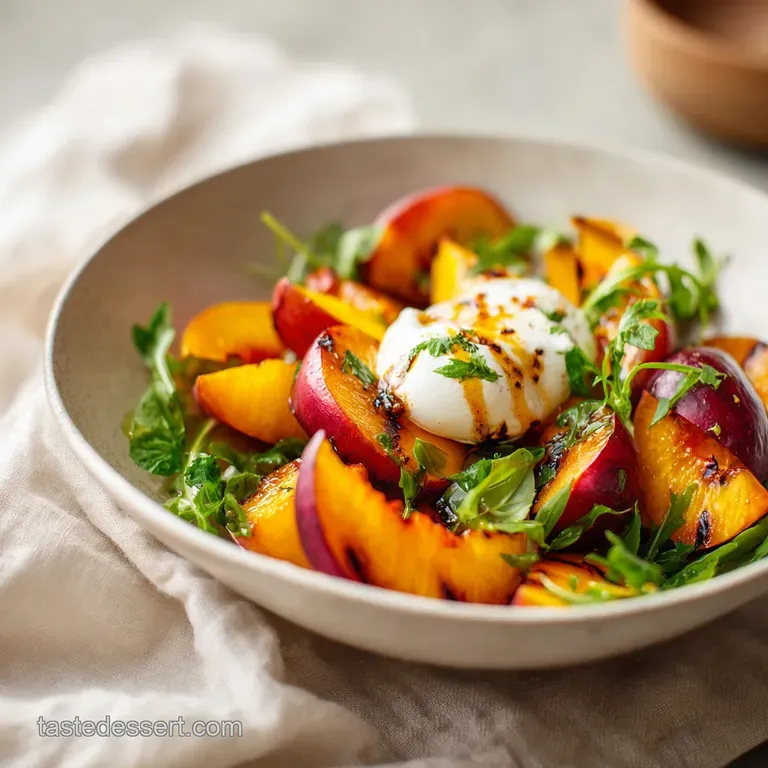 A beautiful salad of soft burrata, caramelized peaches, and vibrant green basil on a rustic plate.