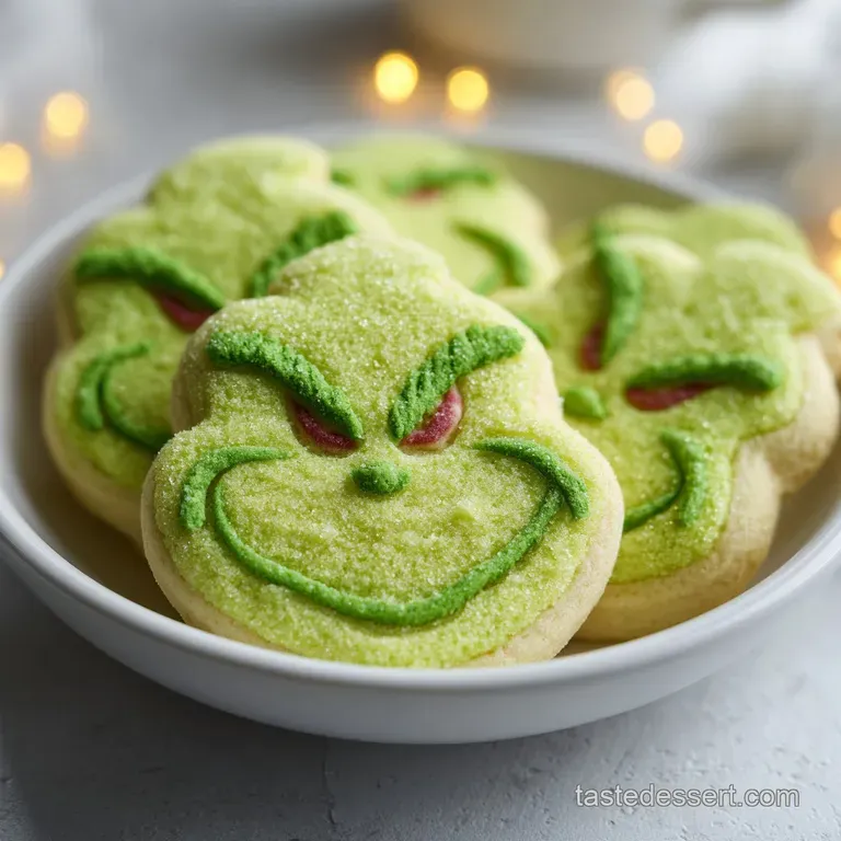 A festive stack of green Grinch cookies adorned with cheerful red sprinkles, artfully arranged on a white plate.